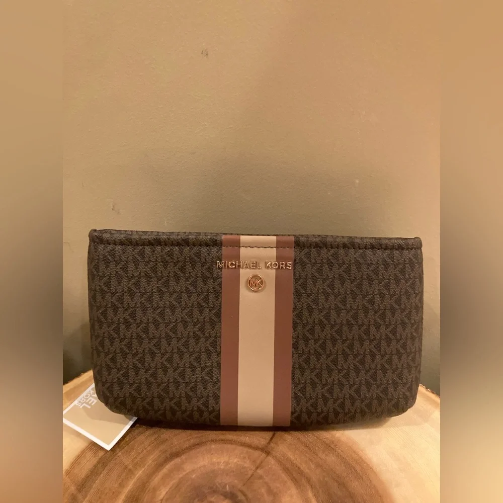 Michael Kors Logo Signature Brown Stripe Belt Fanny Bag & Gold Key Charm Sz-L/XL